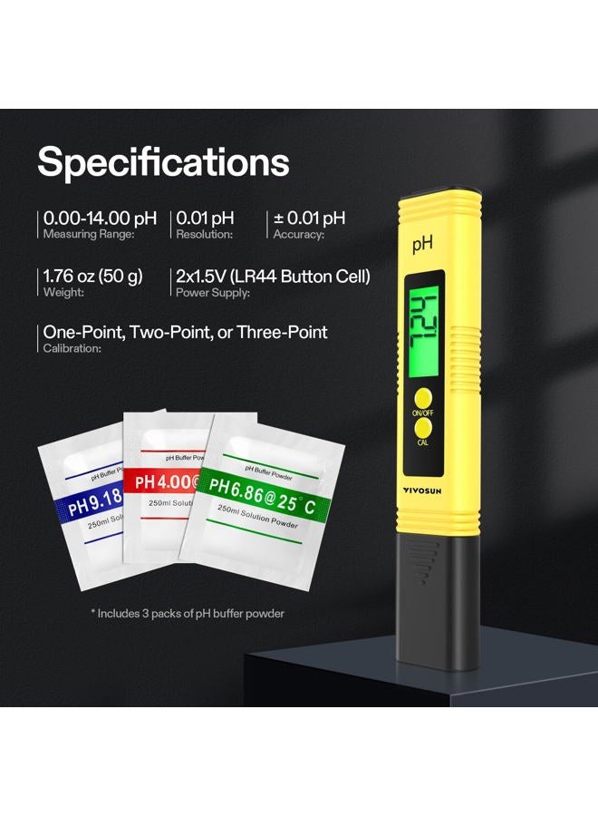 VIVOSUN Digital pH Meter, 0.01pH High Accuracy Pen Type pH Tester for Hydroponics, Household Drinking, Pool and Aquarium, Yellow, UL Certified - Image 2